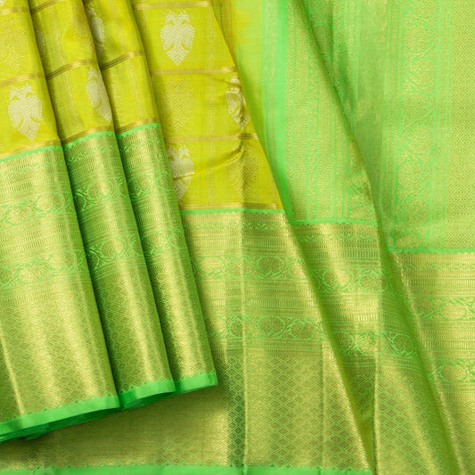 Lime Green And Turquoise Kanchipuram Silk Saree With Silver Ganda Berunda Motifs For Wedding Wear PV NYC 1598