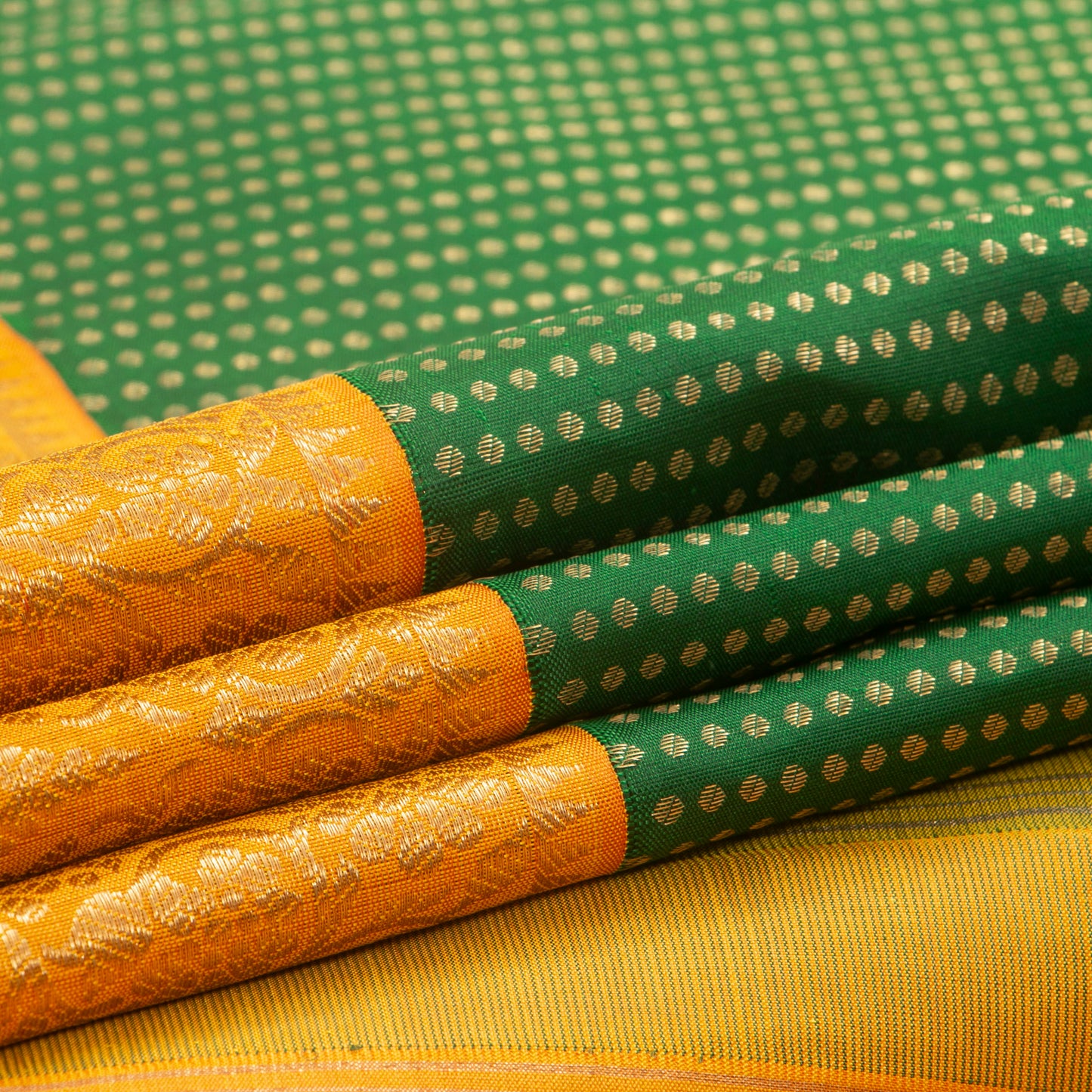 Green And Yellow Kanchipuram Silk Saree For Wedding Wear PV NYC 1389