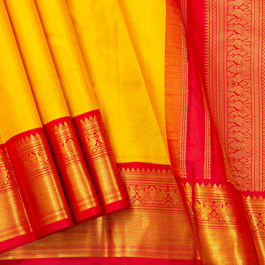 Yellow And red Kanchipuram Silk Saree For Festive Wear PV MEN 204 - Silk Sari - Panjavarnam PV MEN 204