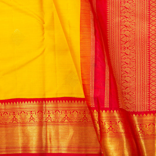 Yellow And red Kanchipuram Silk Saree For Festive Wear PV MEN 204 - Silk Sari - Panjavarnam PV MEN 204