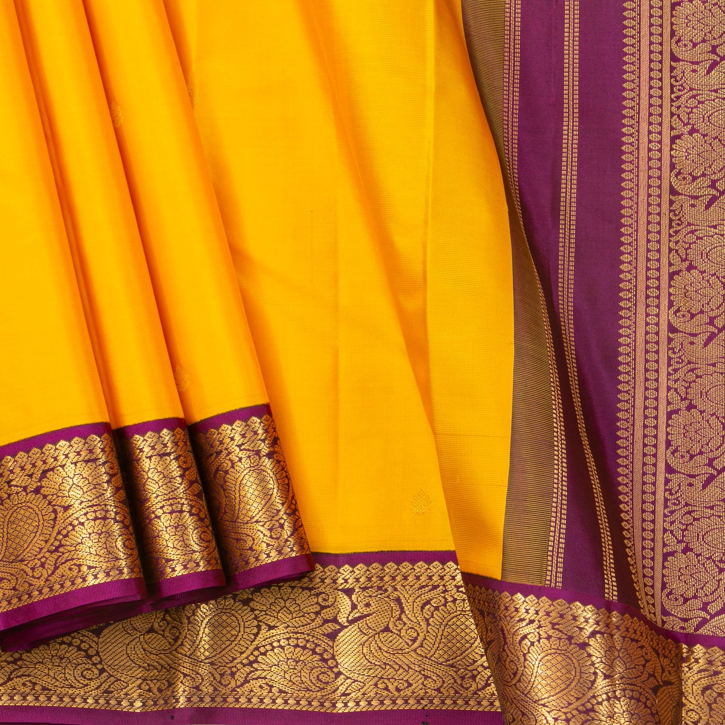 Yellow And Purple Kanchipuram Silk Saree For Festive Wear PV MEN 189 - Silk Sari - Panjavarnam PV MEN 189