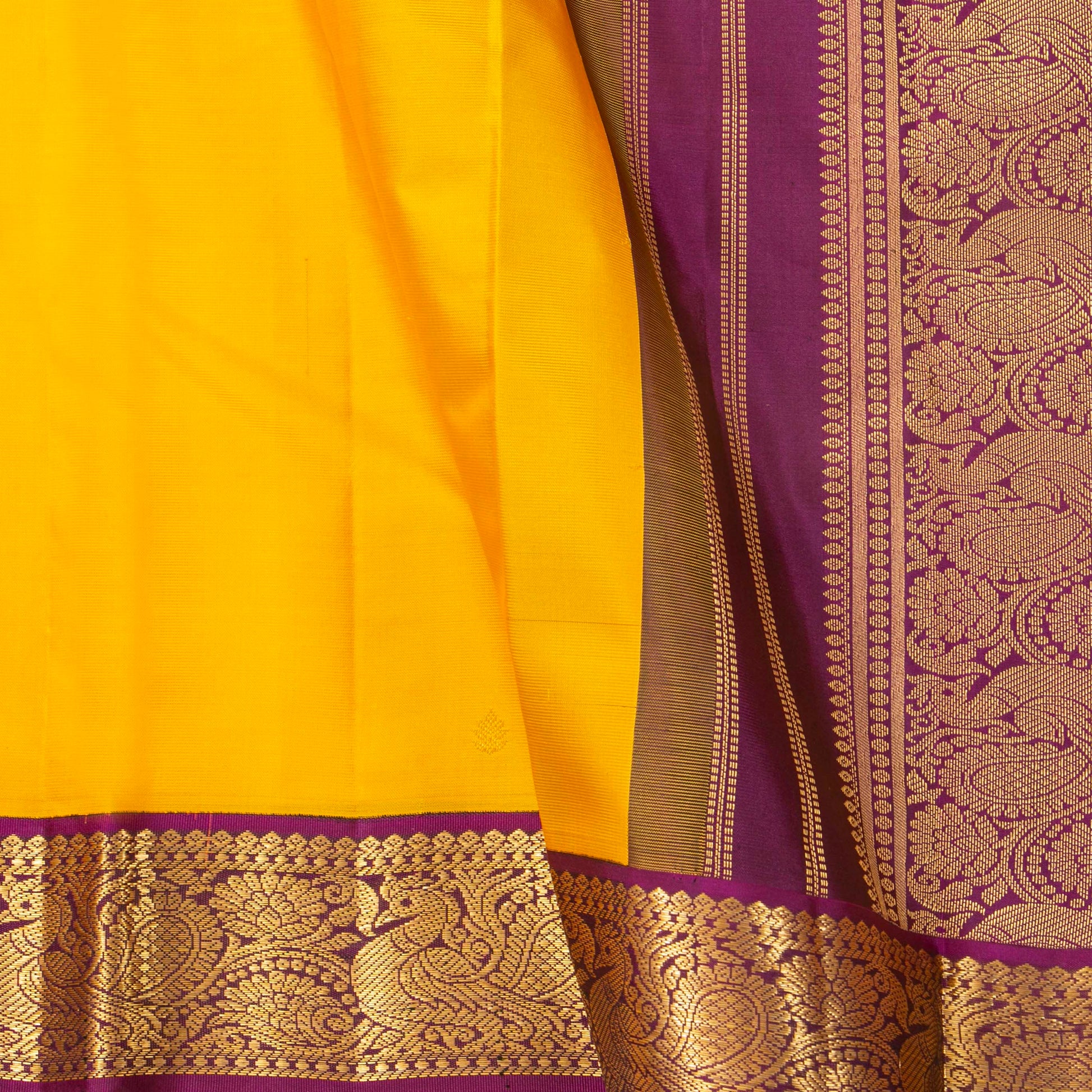 Yellow And Purple Kanchipuram Silk Saree For Festive Wear PV MEN 189 - Silk Sari - Panjavarnam PV MEN 189