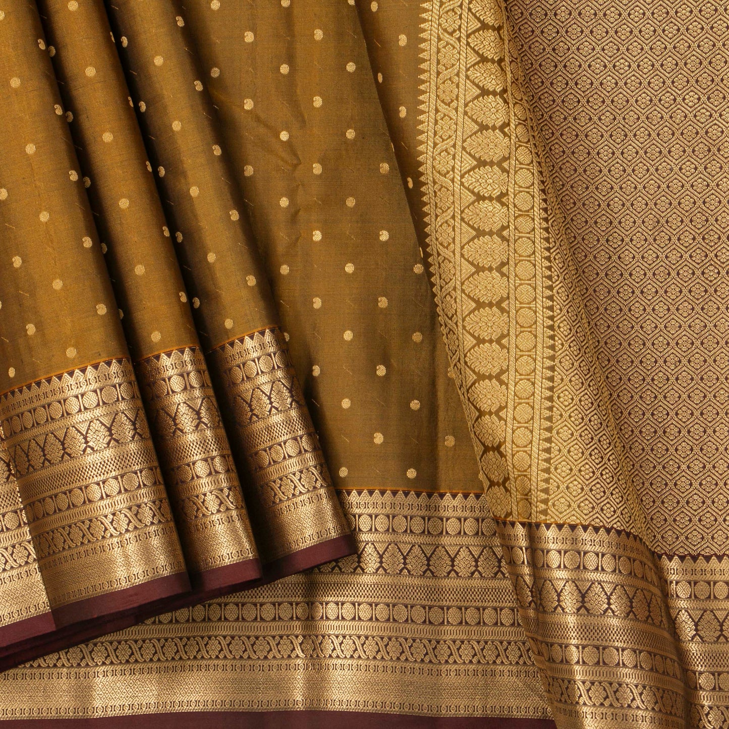 Mustard And Brown Kanchipuram Silk Saree For Festive Wear PV MEN 214