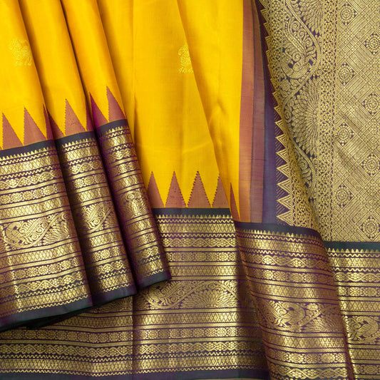 Yellow And Mayilkazhuthu Green Kanchipuram Silk Saree With Temple Korvai Border For Wedding Wear PV NYC 1649