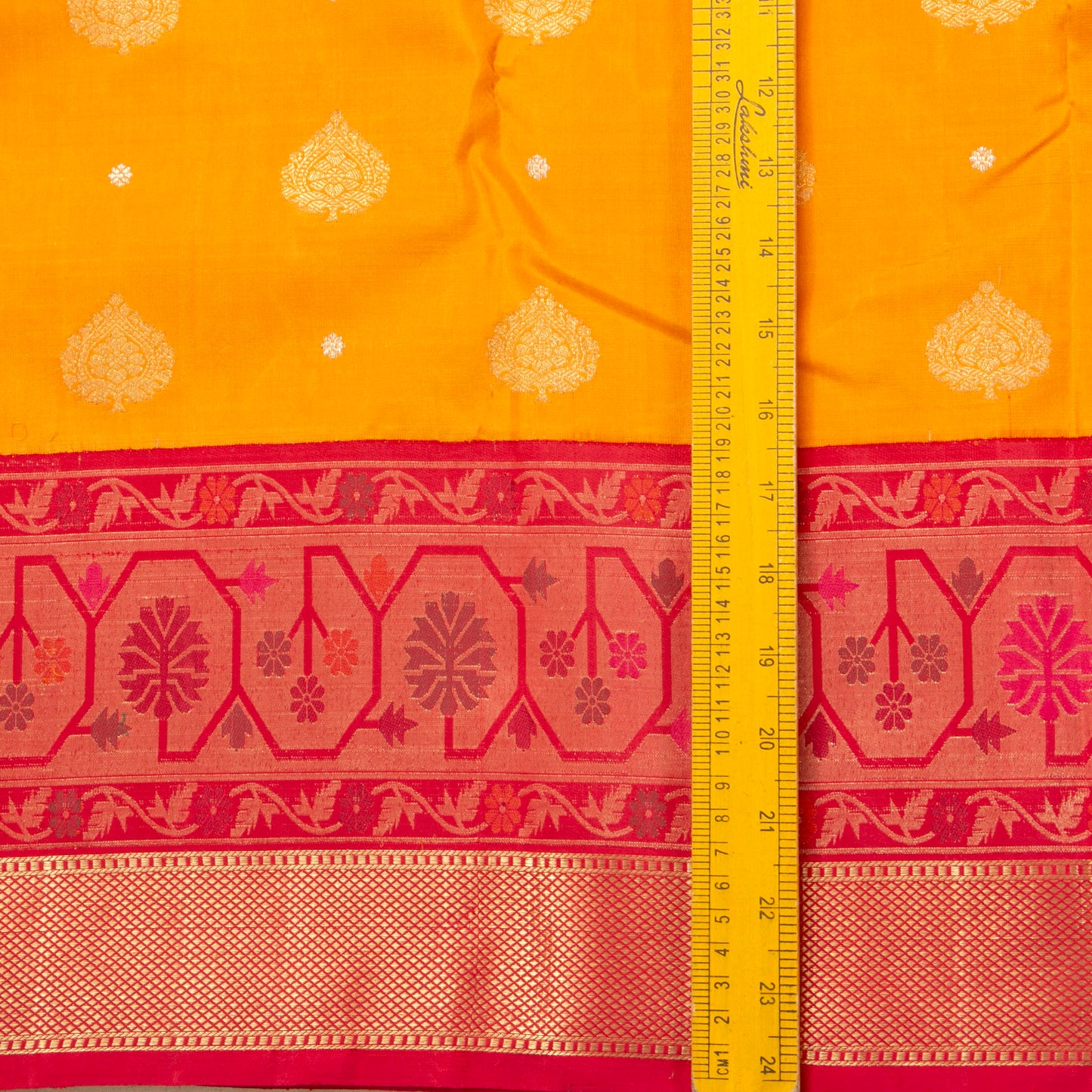 Yellow And Red Kanchipuram Silk Saree Paithani Style Border For Bridal Wear PV NYC 1377