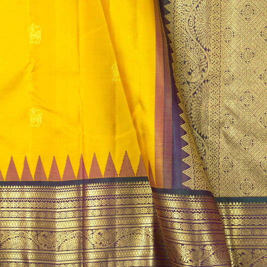 Yellow And Mayilkazhuthu Green Kanchipuram Silk Saree With Temple Korvai Border For Wedding Wear PV NYC 1649