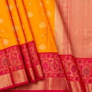 Yellow And Red Kanchipuram Silk Saree Paithani Style Border For Bridal Wear PV NYC 1377