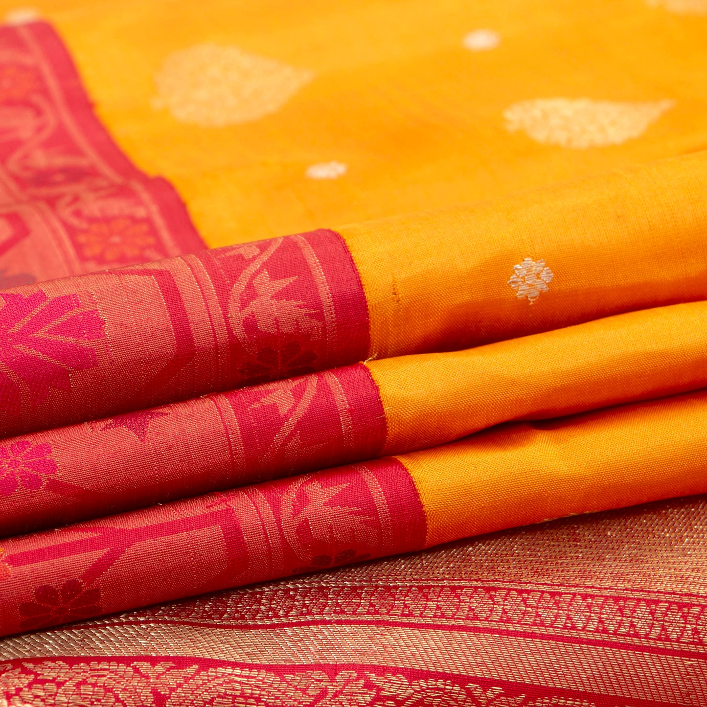 Yellow And Red Kanchipuram Silk Saree Paithani Style Border For Bridal Wear PV NYC 1377