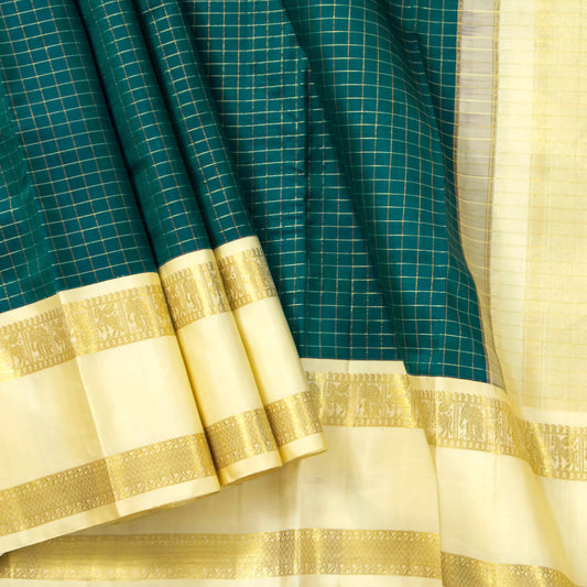 Green And Beige Kanchipuram Silk Saree With Zari Checks For Wedding Wear PV NYC 1670