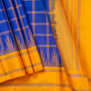 Blue And Mustard Kanchipuram No Zari Silk Saree For Festive Wear PV NYC 1406