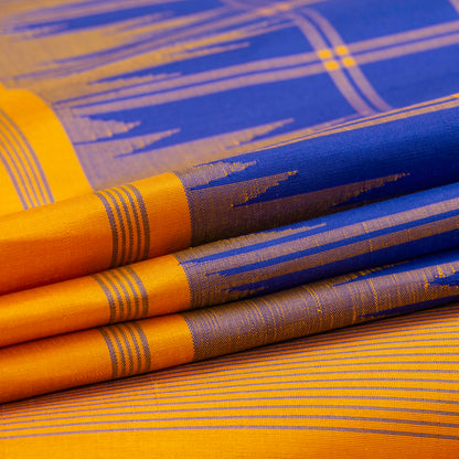 Blue And Mustard Kanchipuram No Zari Silk Saree For Festive Wear PV NYC 1406