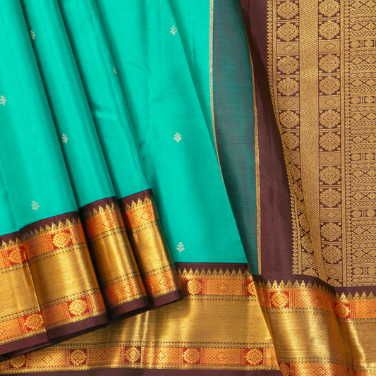 Sea Green And Brown Kanchipuram Silk Saree For Festive Wear PV MEN 202 - Silk Sari - Panjavarnam PV MEN 202