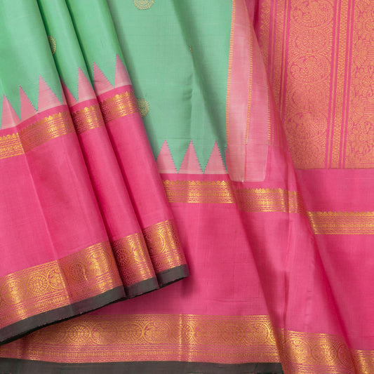 Sea Green And Pink Kanchipuram Silk Saree With Temple Border For Festive Wear PV NYC 1674