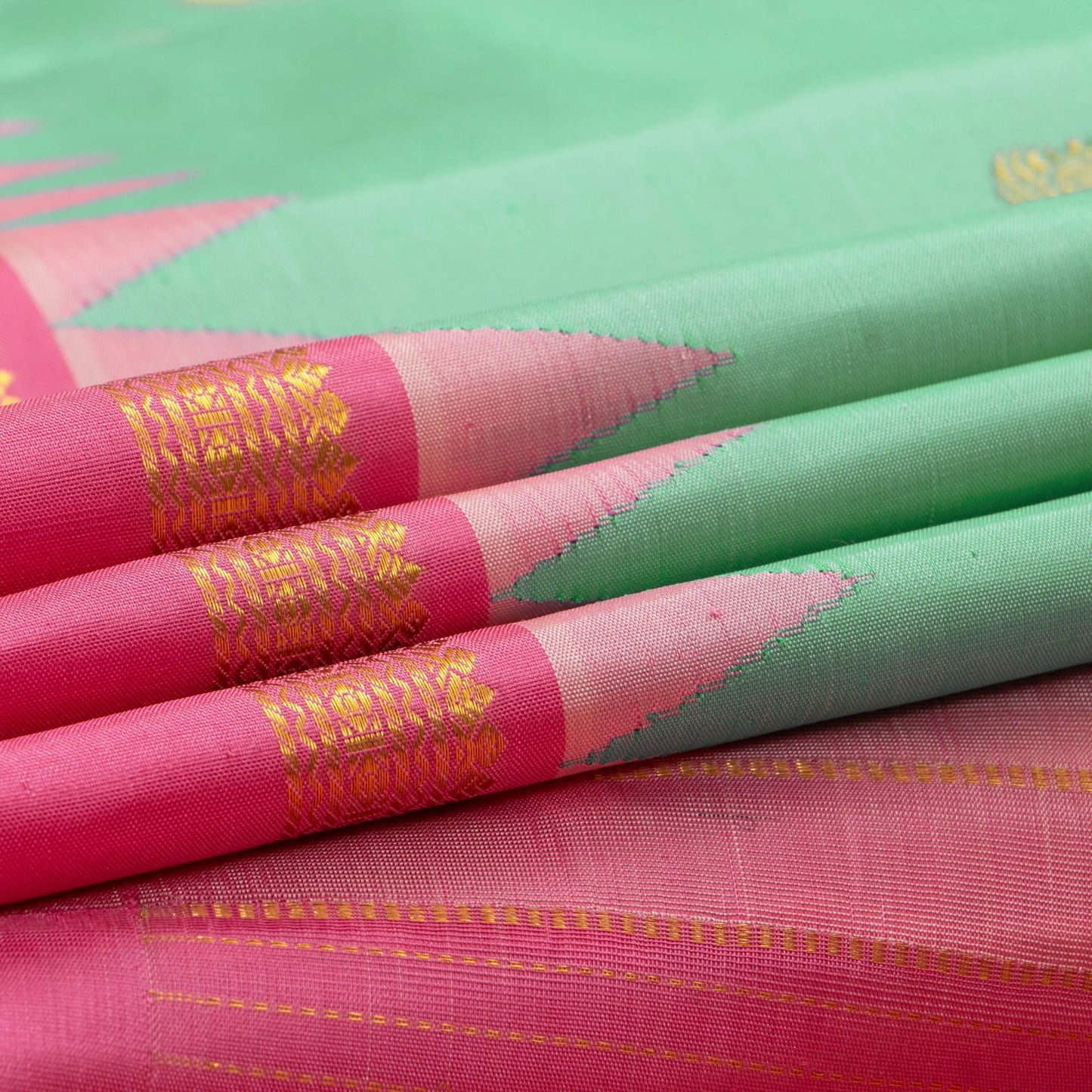 Sea Green And Pink Kanchipuram Silk Saree With Temple Border For Festive Wear PV NYC 1674