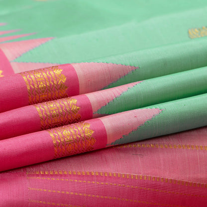 Sea Green And Pink Kanchipuram Silk Saree With Temple Border For Festive Wear PV NYC 1674