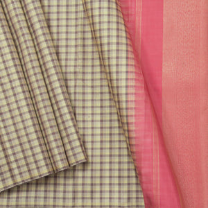 Multicoloured Checks And Pink Kanchipuram Silk Saree Borderless Handwoven Pure Silk For Festive Wear PV NYC 1274