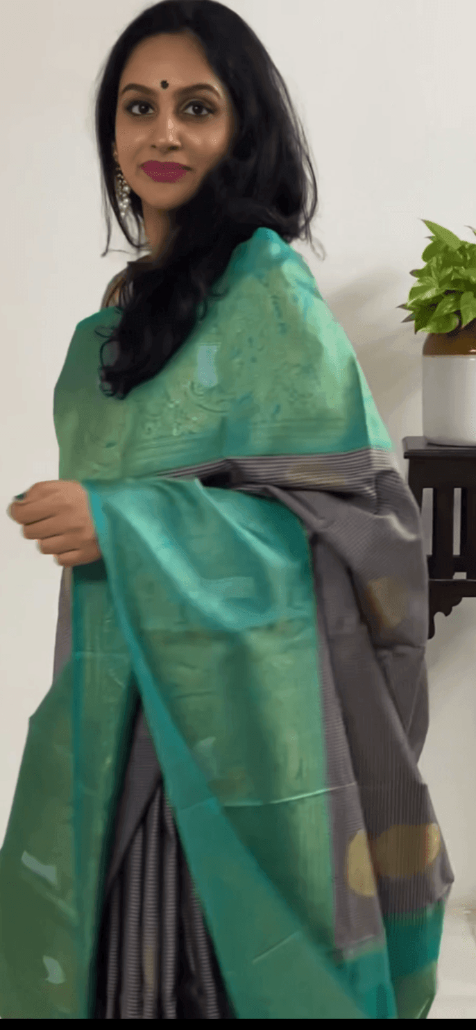 Grey And Turquoise Green Kanchipuram Silk Saree Handwoven Pure Silk Pure Zari For Party Wear PV ASB 14 A