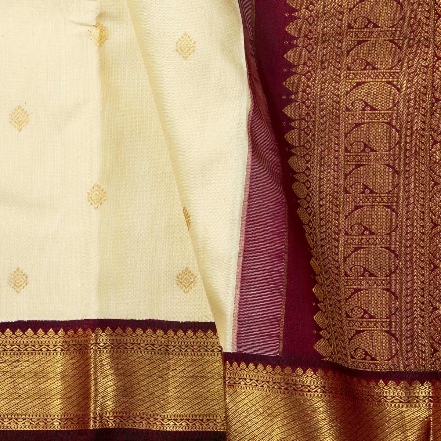 Off White And Maroon Kanchipuram Silk Saree For Wedding Wear PV NYC 1736