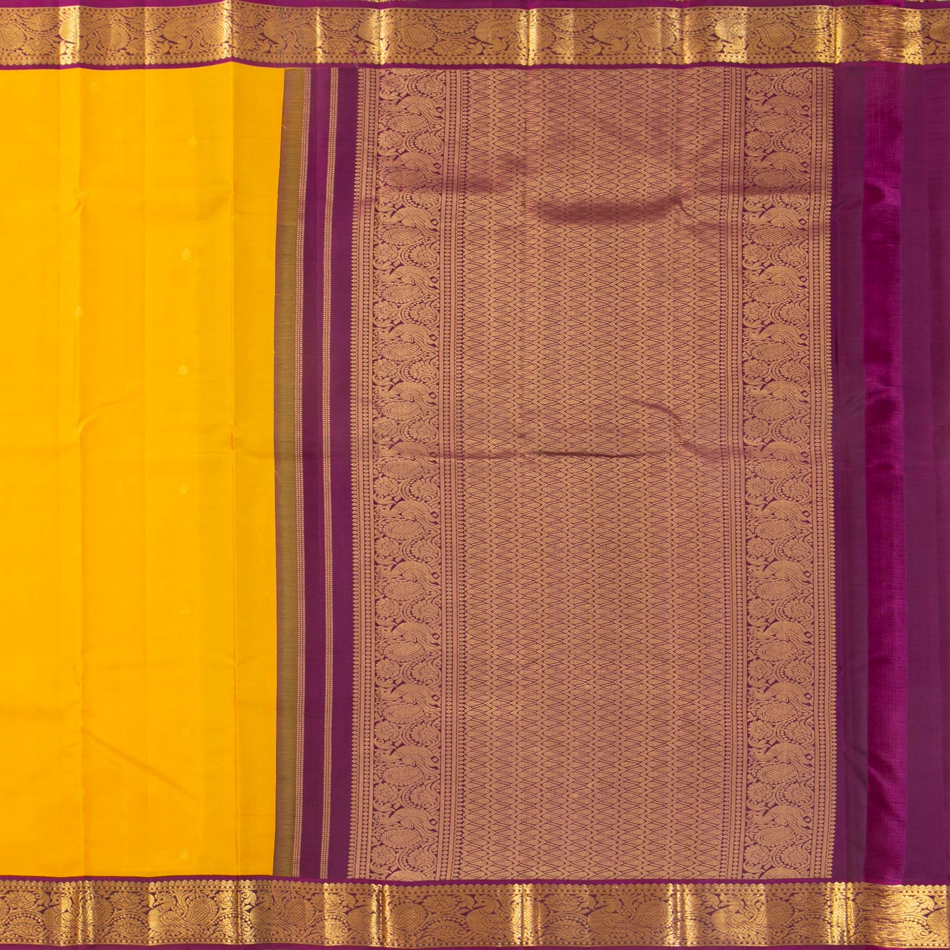 Yellow And Purple Kanchipuram Silk Saree For Festive Wear PV MEN 189 - Silk Sari - Panjavarnam PV MEN 189