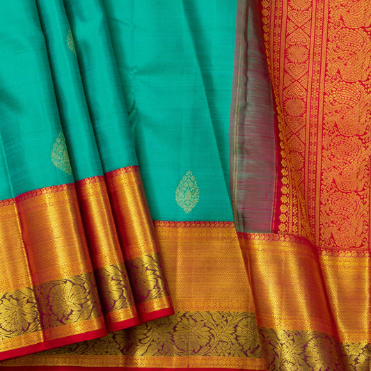 Turquoise And Red Kanchipuram Silk Saree For Bridal Wear PV NYC 1665