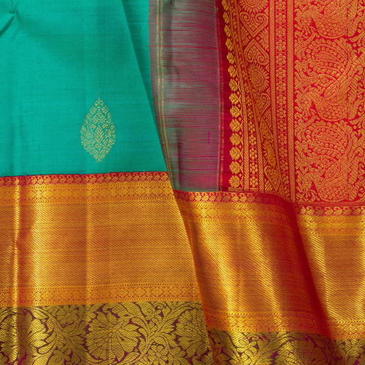 Turquoise And Red Kanchipuram Silk Saree For Bridal Wear PV NYC 1665