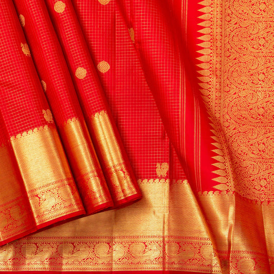 Red Kanchipuram Silk Saree With Zari Checks For Bridal Wear PV NYC 1622