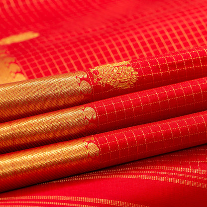 Red Kanchipuram Silk Saree With Zari Checks For Bridal Wear PV NYC 1622