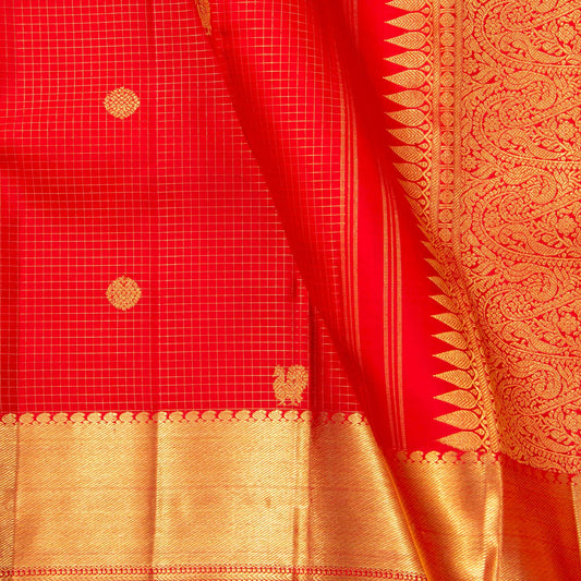 Red Kanchipuram Silk Saree With Zari Checks For Bridal Wear PV NYC 1622