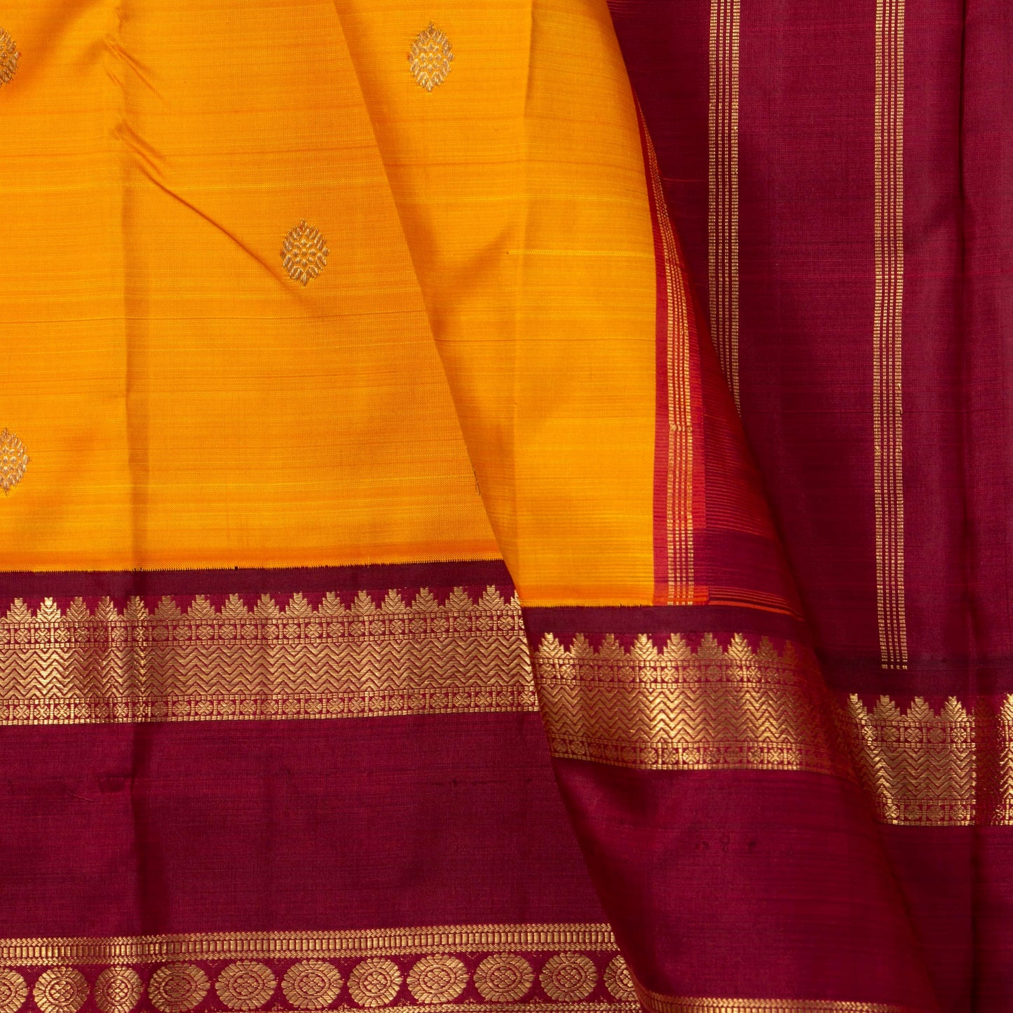Mango Yellow And Maroon Kanchipuram Silk Saree With Korvai Contrast Border For Festive Wear PV NYC 1663