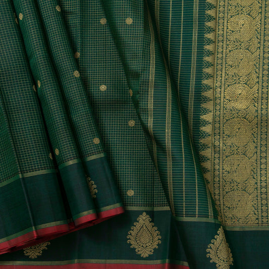 Bottle Green Kanchipuram Silk Saree With Zari Checks For Wedding Wear PV NYC 1664