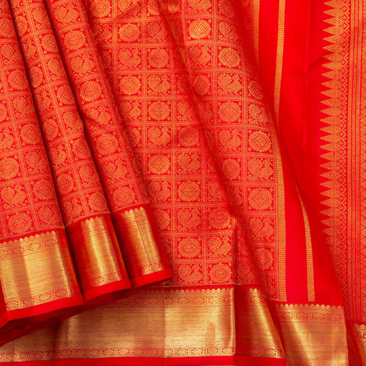 Red Kanchipuram Silk Saree With Chakram And Annam Motifs For Bridal Wedding Wear PV NYC 1733