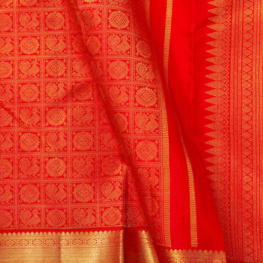 Red Kanchipuram Silk Saree With Chakram And Annam Motifs For Bridal Wedding Wear PV NYC 1733