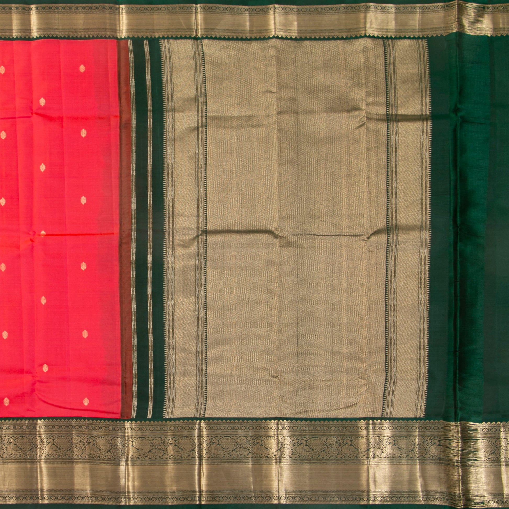 Dual Tone Crimson Kanchipuram Silk Saree With Contrast Korvai Border In Green For Wedding Wear PV MEN 217 - Silk Sari - Panjavarnam PV MEN 217