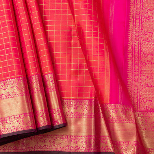 Pink And Orange Dual Shade Kanchipuram Silk Saree With Zari Checks For Wedding Wear PV NYC 1715