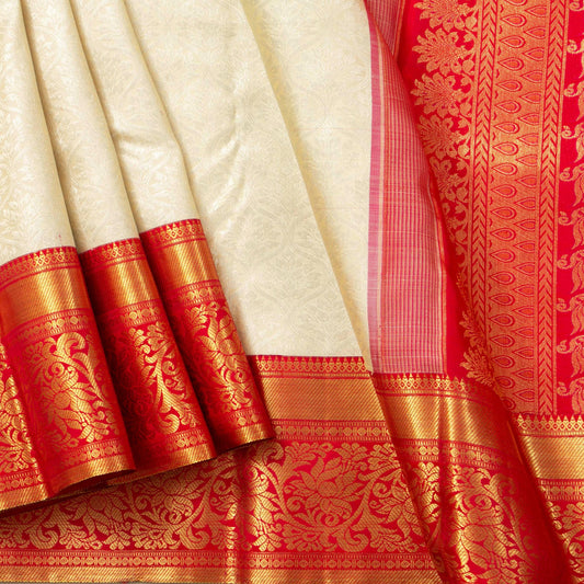 Cream And Red Kanchipuram Silk Saree With Silver Zari Work For Bridal Wear PV NYC 1683