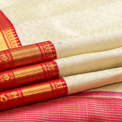 Cream And Red Kanchipuram Silk Saree With Silver Zari Work For Bridal Wear PV NYC 1683