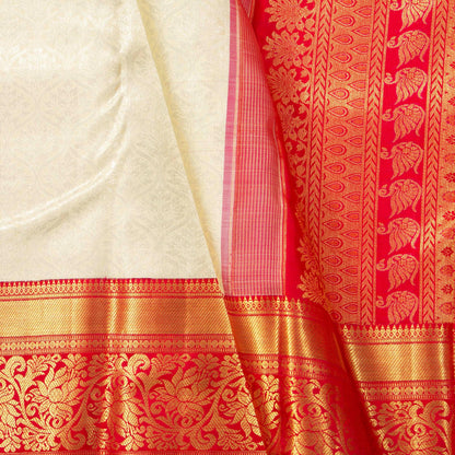 Cream And Red Kanchipuram Silk Saree With Silver Zari Work For Bridal Wear PV NYC 1683