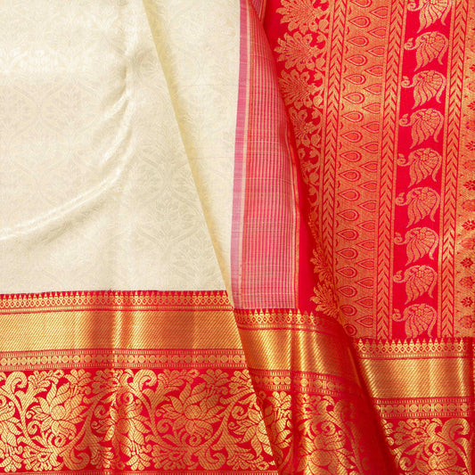 Cream And Red Kanchipuram Silk Saree With Silver Zari Work For Bridal Wear PV NYC 1683