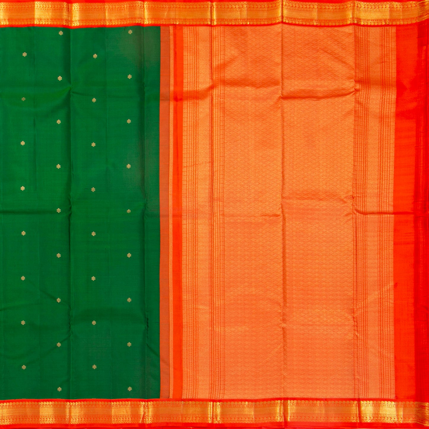 Green Kanchipuram Silk Saree With Orange Contrast Korvai Border For Wedding Wear PV MEN 193