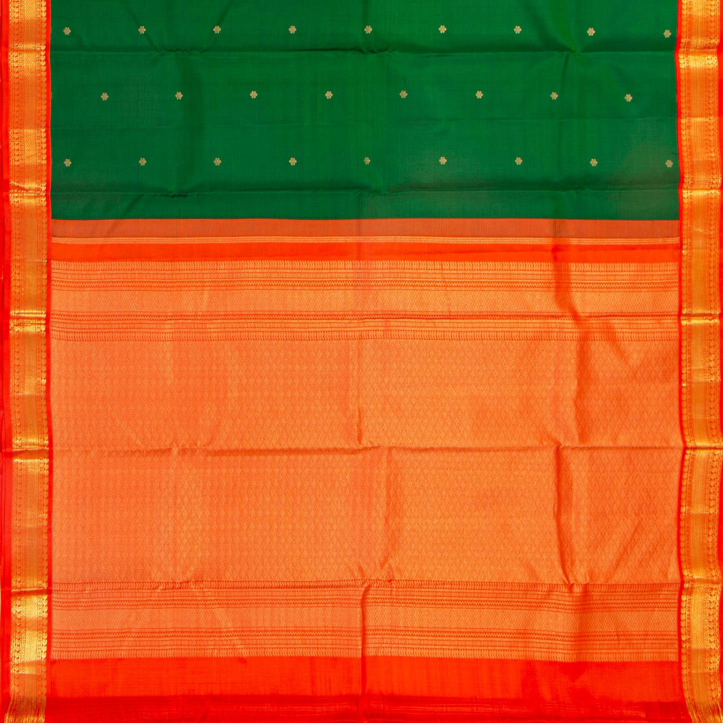 Green Kanchipuram Silk Saree With Orange Contrast Korvai Border For Wedding Wear PV MEN 193