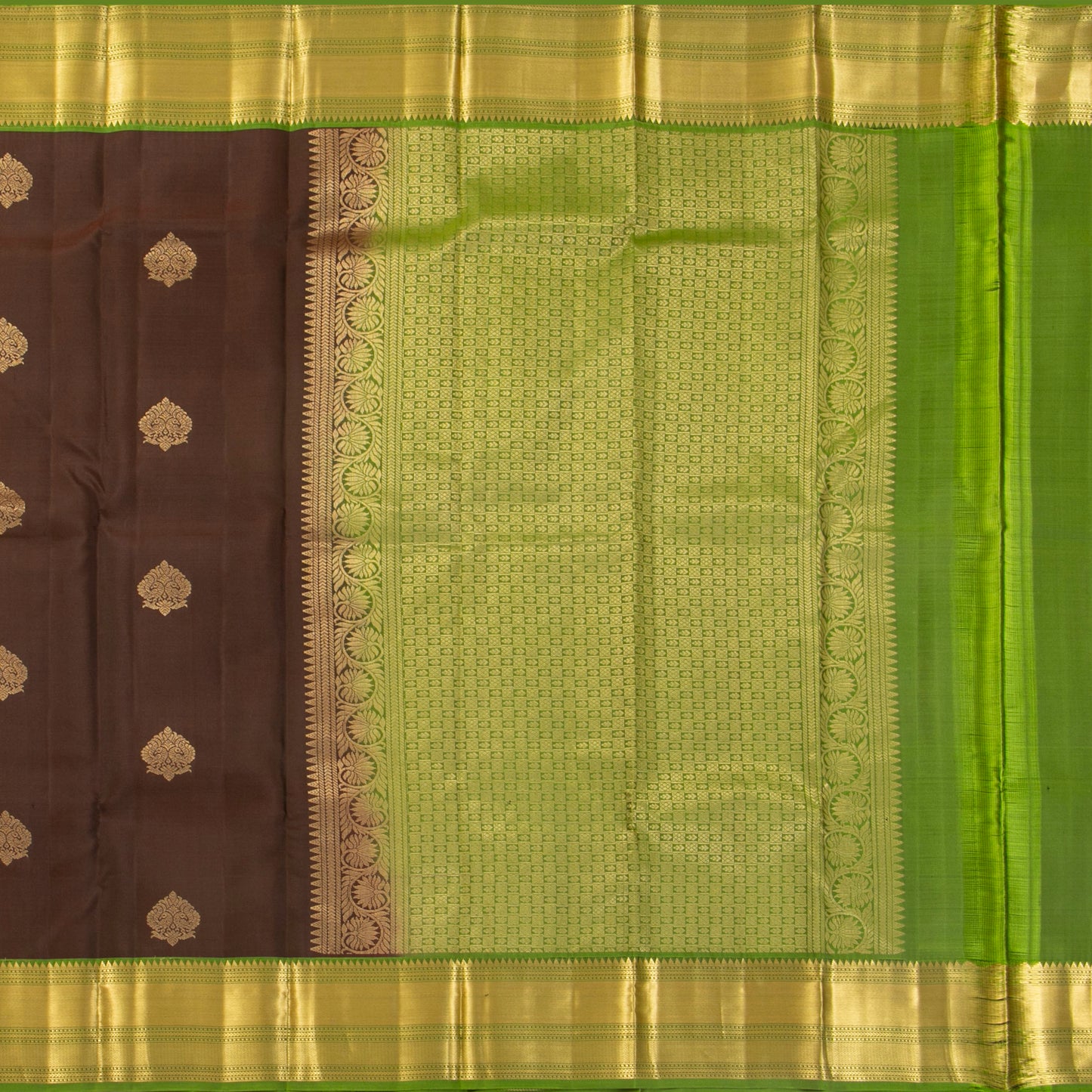 Brown And Light Green Kanchipuram Silk Saree For Festive Wear PV MEN 218