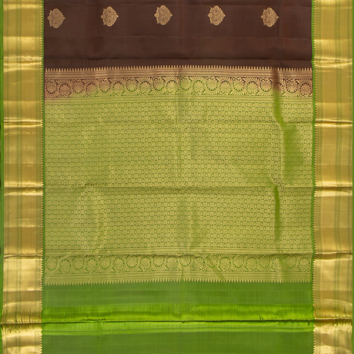 Brown And Light Green Kanchipuram Silk Saree For Festive Wear PV MEN 218