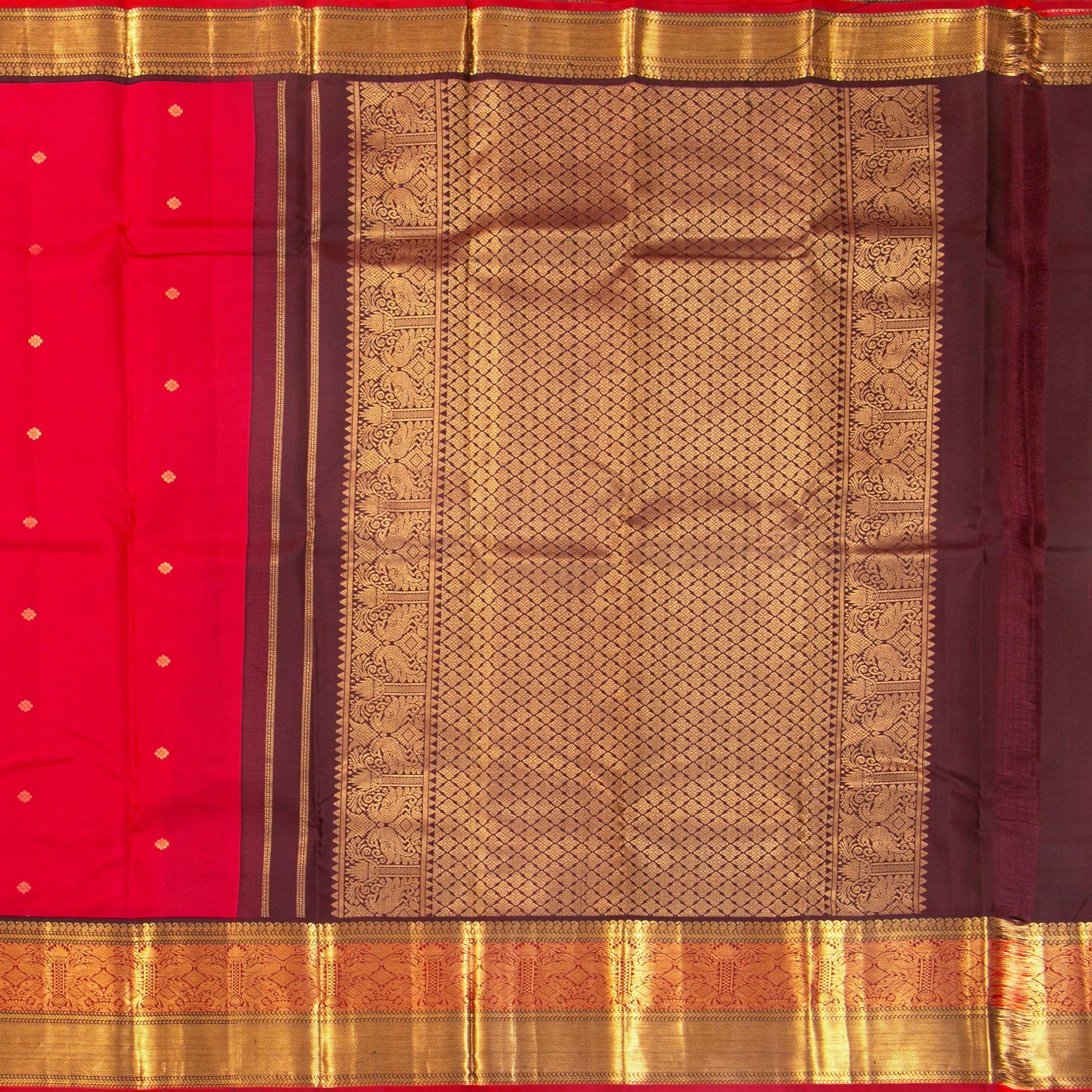 Red And Brown Kanchipuram Silk Saree Retro Revival Design For Wedding Wear PV MEN 175 - Silk Sari - Panjavarnam PV MEN 175