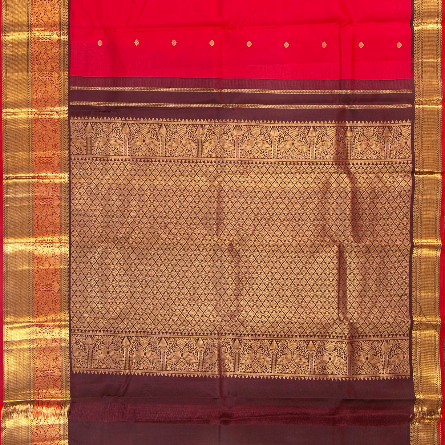 Red And Brown Kanchipuram Silk Saree Retro Revival Design For Wedding Wear PV MEN 175 - Silk Sari - Panjavarnam PV MEN 175
