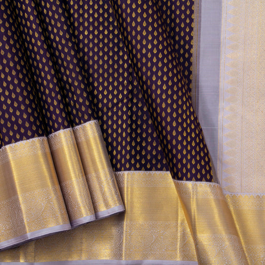 Deep Purple And Grey Kanchipuram Silk Saree With Kodi Visiri Korvai Border For Bridal Wedding Wear PV NYC 1593