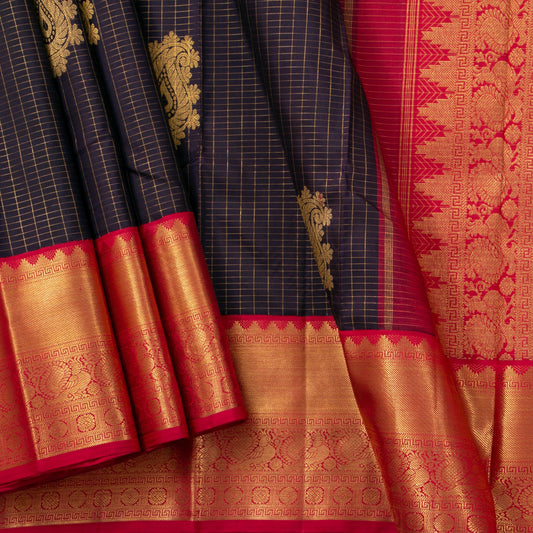 Dark Purple And Red Kanchipuram Silk Saree With Zari Checks For Wedding Wear PV NYC 1589