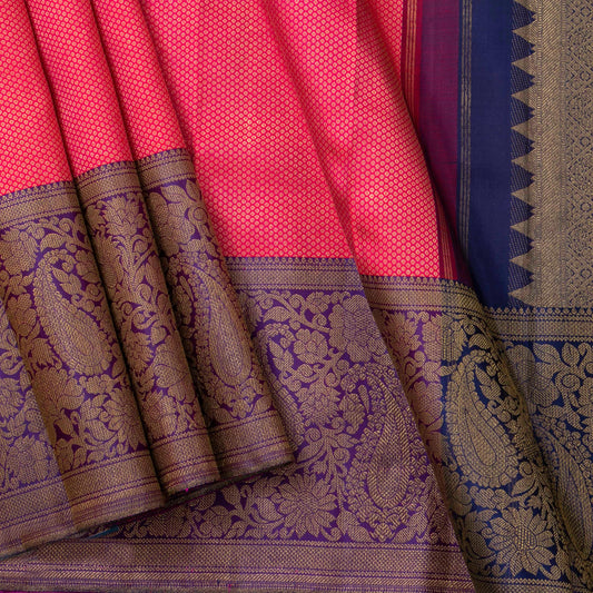 Pink And Dark Blue Kanchipuram Silk Saree With Korvai Contrast Border For Bridal Wear PV NYC 1594