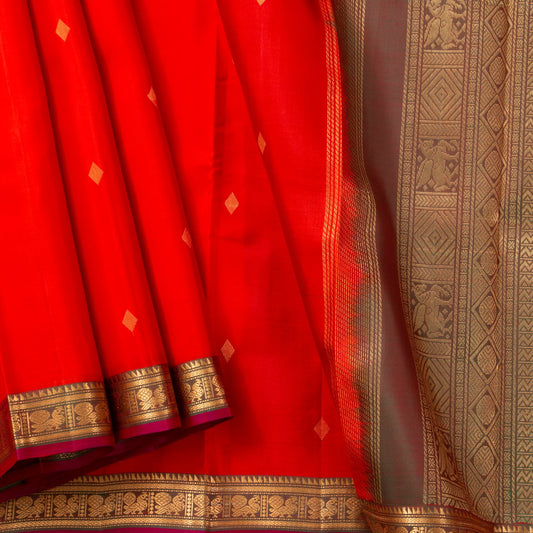 Red And Maanthulir Kanchipuram Silk Saree With Zari Buttas For Festive Wear PV NYC 1738