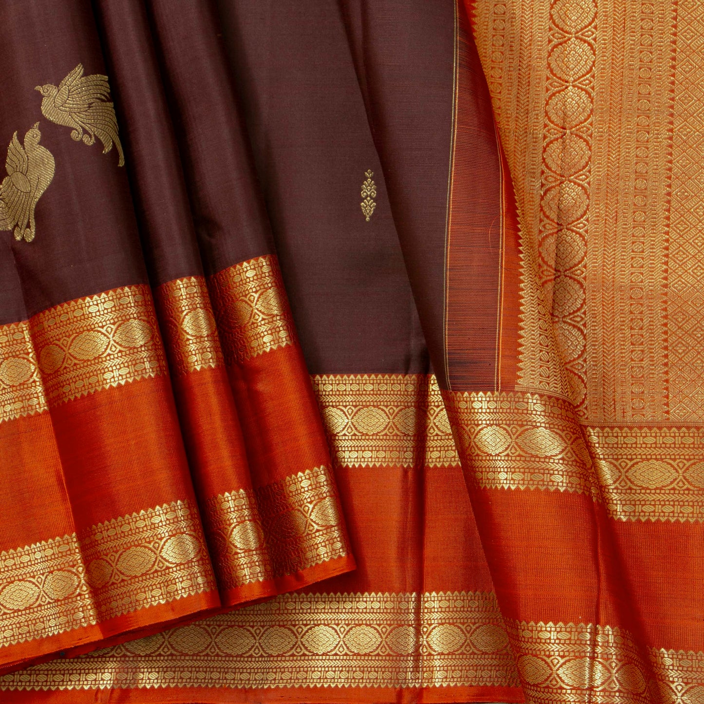 Brown And Orange  Kanchipuram Silk Saree For Festive Wear PV MEN 261