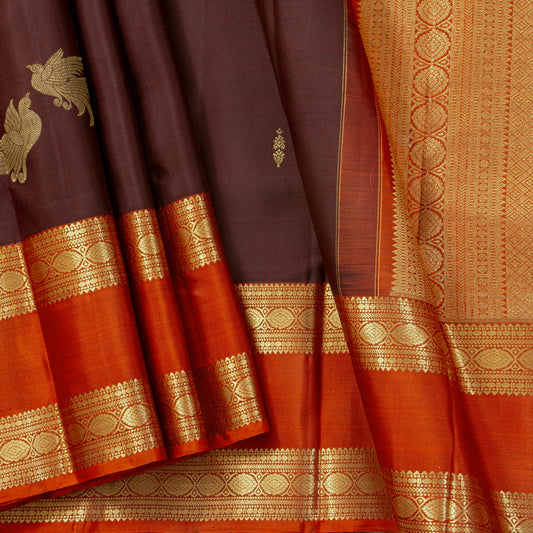 Brown And Orange  Kanchipuram Silk Saree For Festive Wear PV MEN 261